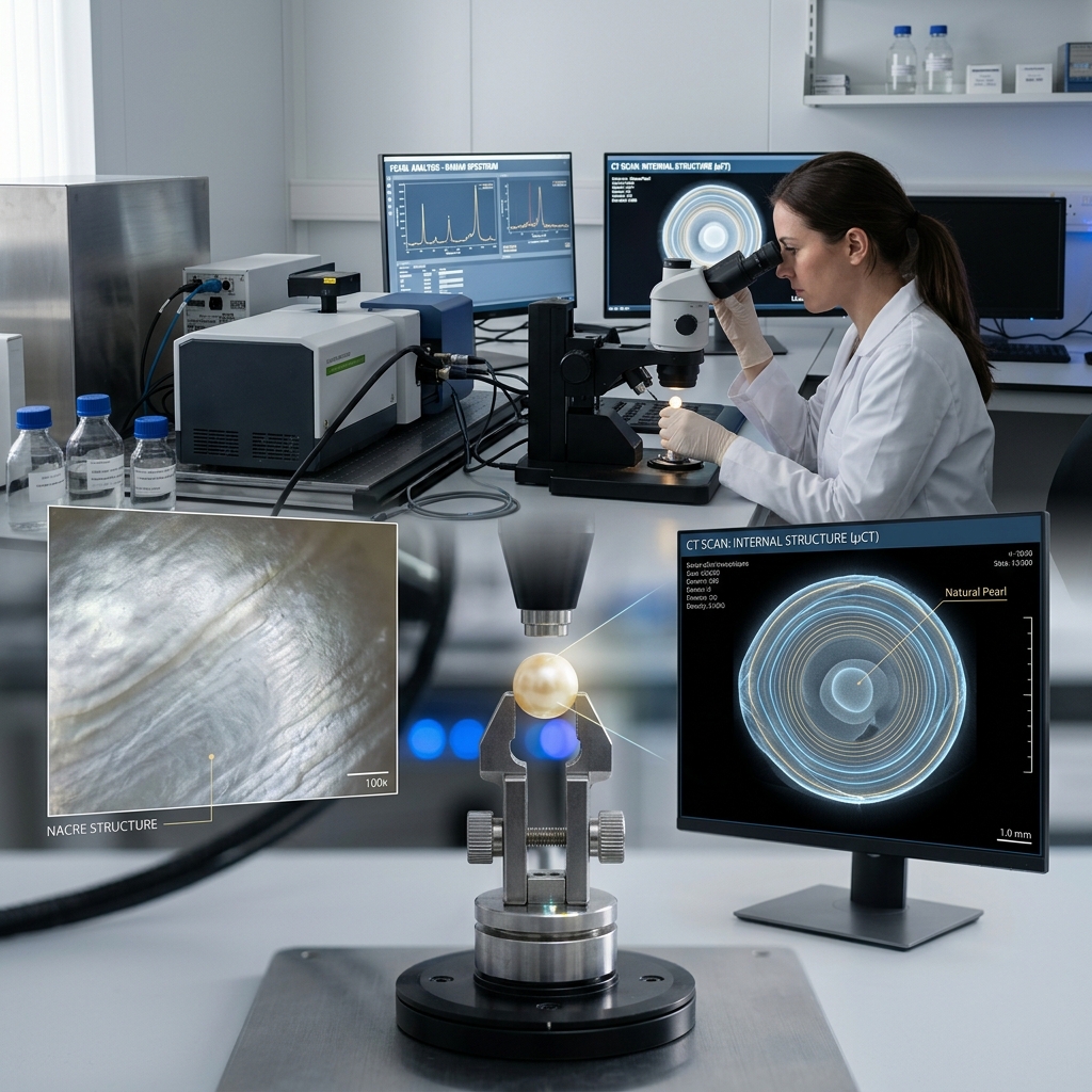 Advanced scientific gemological equipment testing pearls