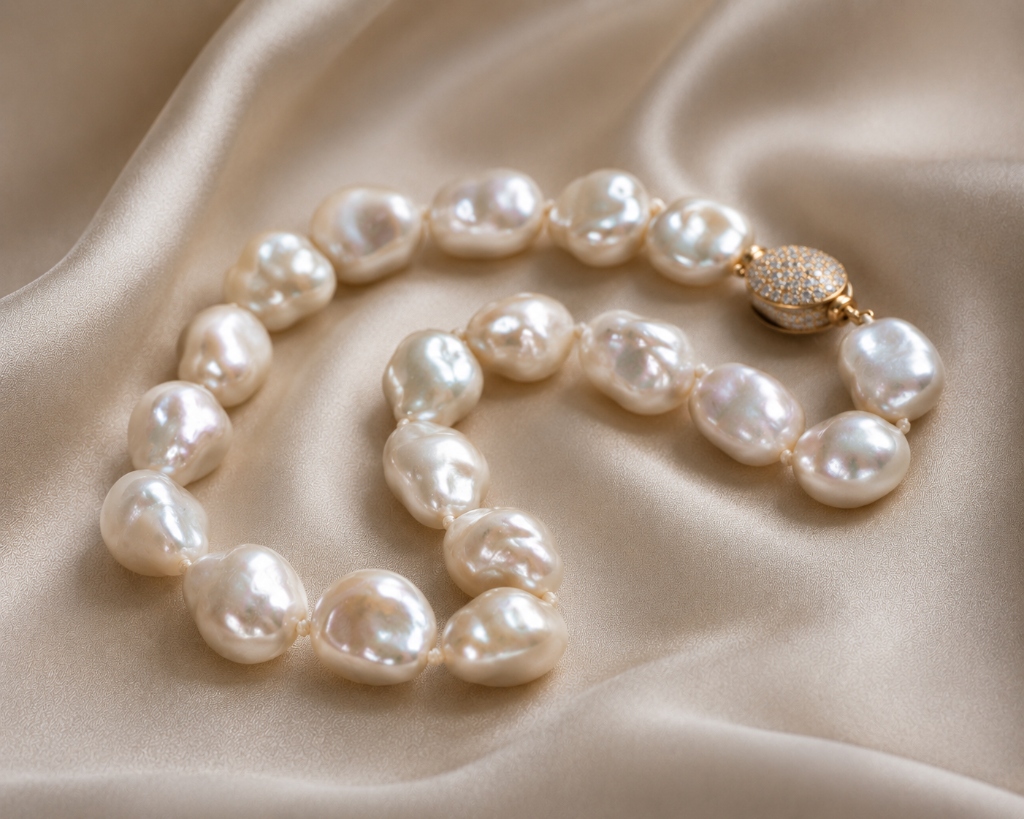 Stunning natural pearl necklace on dark velvet