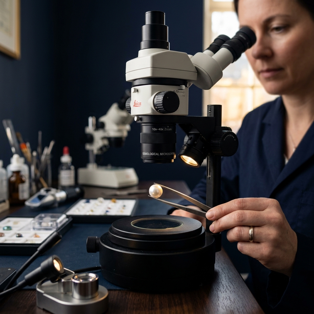 Scientific pearl laboratory examination under microscope and laser